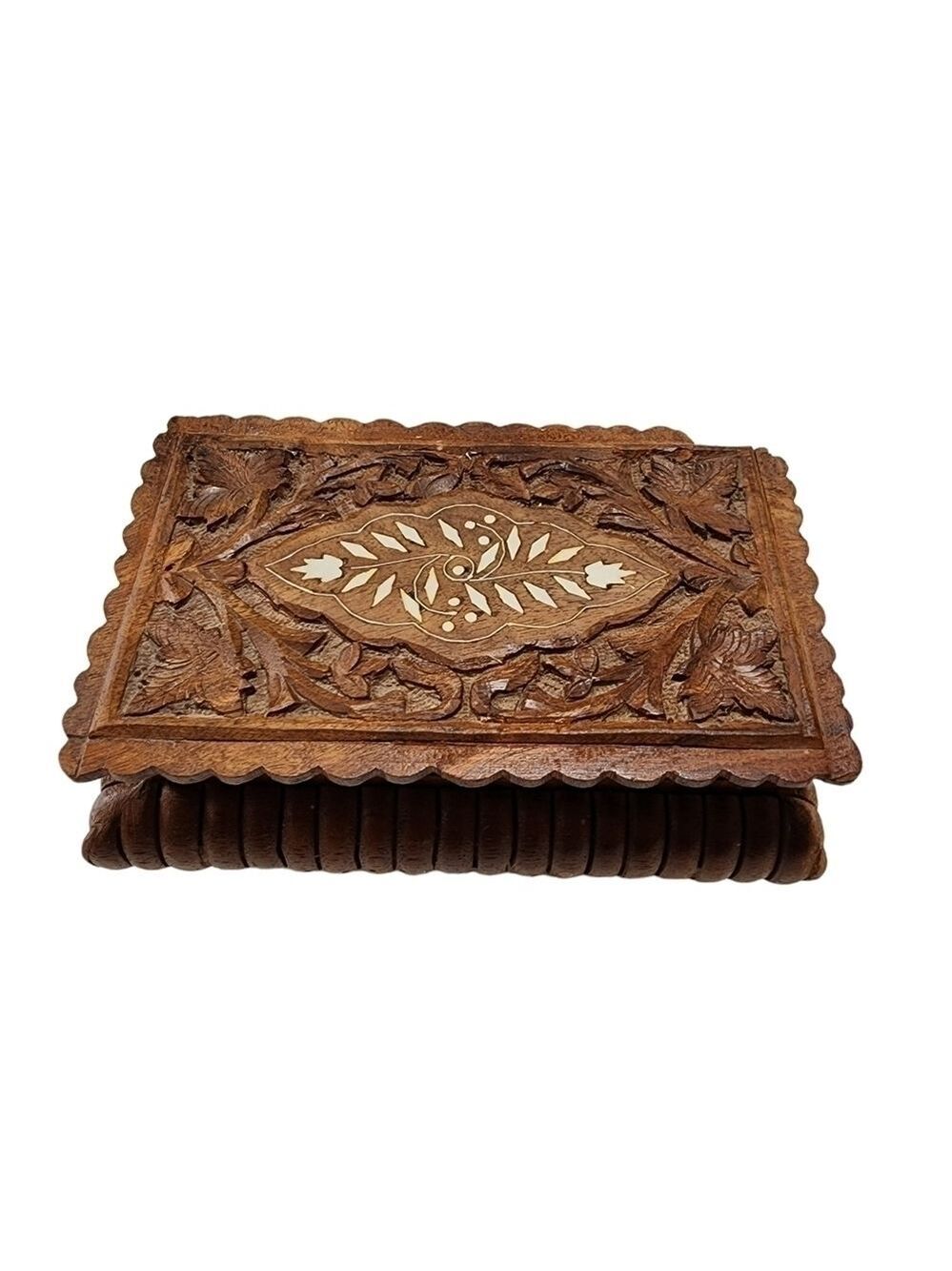 Vintage hand carved wood jewelry trinket box with inlay design India